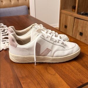 Veja V-12 White Leather Women's Sneaker with Blush Accent